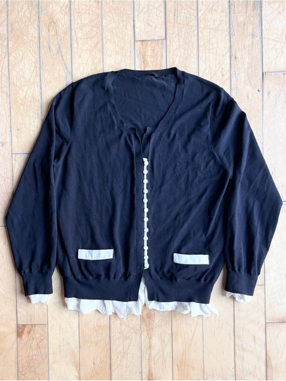 Seventy Black Layered Contrast Trim Button Front Cardigan Sweater Size 48